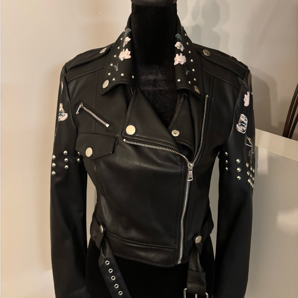 bebe Studded Floral Vegan Leather Jacket